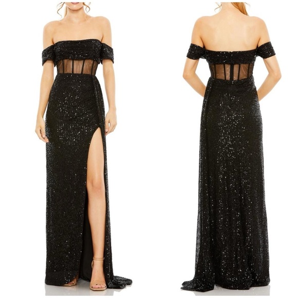 NWT Mac Duggal 11665 Off Shoulder Sequin Evening Dress Gown Sheer Corset Waist 4 - Picture 1 of 14